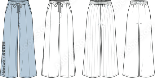 Wide-leg drawstring pants front views, cad drawing flat vector illustration, elastic waist, side pockets, striped detail fashion garment sketch
