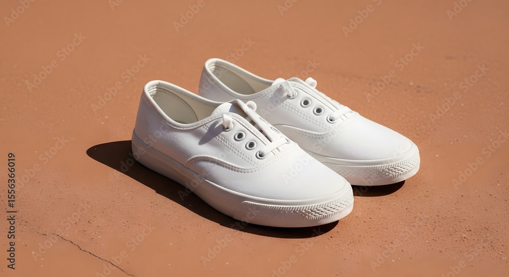 Naklejka premium White Casual Sneakers on Terracotta Surface in Bright Sunlight