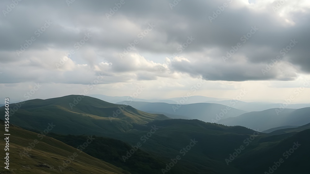 Fototapeta premium Clouds embrace the majestic mountain landscape at sunrise, offering a breathtaking view of nature's beauty