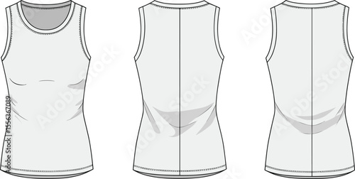 Women’s sleeveless tank top front and back, cad drawing flat vector illustration, round neck, fitted silhouette, fashion design sketch