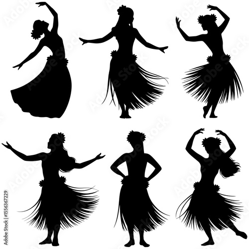 Silhouettes of hula dancers in various poses