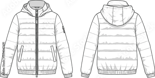 Zippered hooded puffer jacket front and back, cad drawing flat vector illustration, quilted design, ribbed cuff hem, technical outerwear sketch