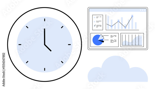 Clock, analytics dashboard with charts, and cloud element symbolize productivity, data insights, remote work. Ideal for business, technology, time tracking, cloud computing work efficiency project