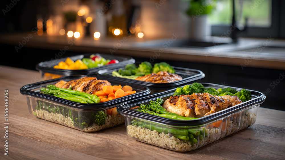 Meal prep containers with fresh vegetables and grilled chicken on a wooden table Meal prep containers with fresh vegetables and grilled chicken on a wooden table