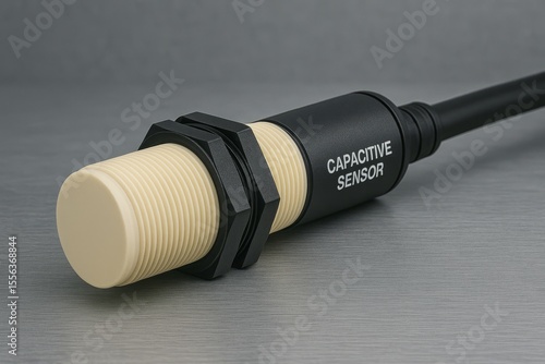 Industrial Capacitive Sensor: A detailed photograph captures a robust industrial capacitive sensor, highlighting its intricate design and functionality, essential for automated industrial processes.