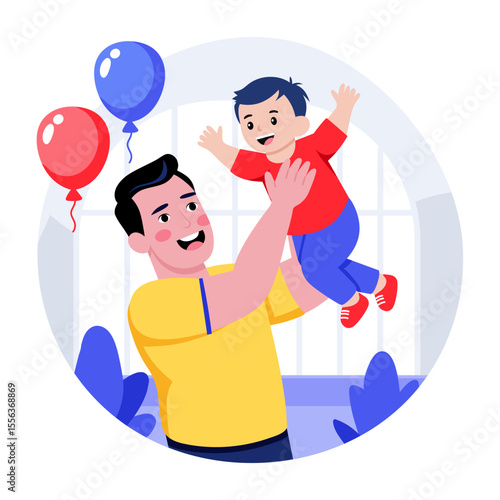 A flat style illustration showing a father lifting baby