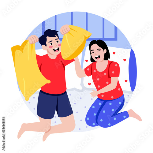 A flat style illustration showing persons doing pillow fight