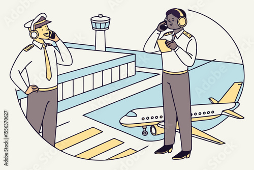 Confident air traffic control crew near airplane, ideal for aviation, teamwork, or airport-themed ads.