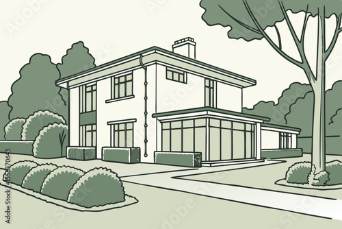 Modern house with trimmed hedges, ideal for real estate, landscaping, or luxury living promotions.