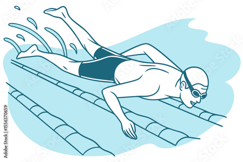 Male swimmer underwater in pool, ideal for sports, competition, or fitness-themed projects.