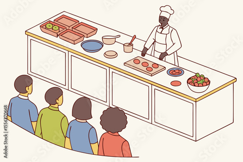 Students watching chef in cooking class, ideal for culinary education, skills, or teamwork promotions.