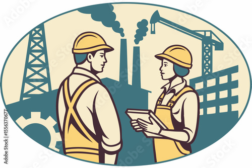 Steel workers in conversation at factory, ideal for teamwork, industry, or engineering promotions.