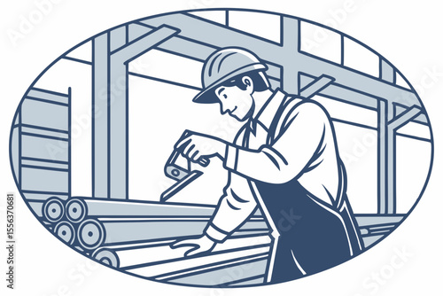 Worker measuring steel with calipers in factory, ideal for precision, engineering, or manufacturing ads.