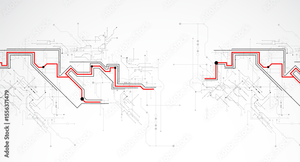 Fototapeta premium Digital circuit visualization vector background. Pattern with interconnected lines, nodes.