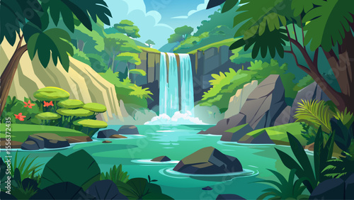 Waterfall in the jungle vector illustration.