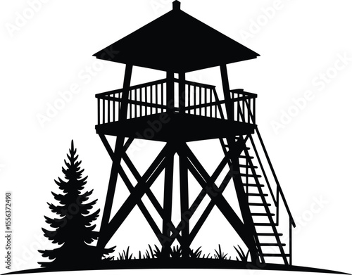 Watchtower Silhouette Vector, Forest Observation Lookout Post Illustration.