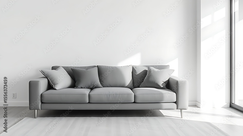 Minimalist living room with gray sofa and pillows, bathed in soft diffused light. Minimalist living room with gray sofa and pillows, bathed in soft diffused light.