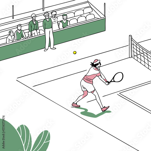 Female tennis player preparing to serve on minimalist court layout  
