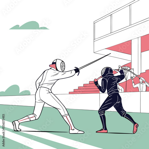 Fencers sparring on a sports field with colorful background