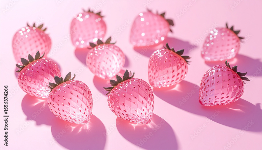 hyper-realistic glass strawberries with pink translucent texture hyper-realistic glass strawberries with pink translucent texture