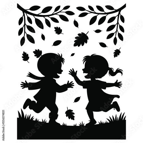 Kids in costume playing in fallen autumn leaves silhouette vector on isolated black and white background