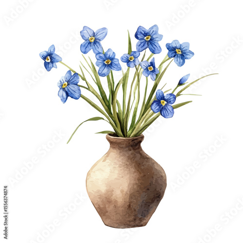 Konstfotografi watercolor vector of A Blue-eyed Grass In A Vase, isolated on a white background