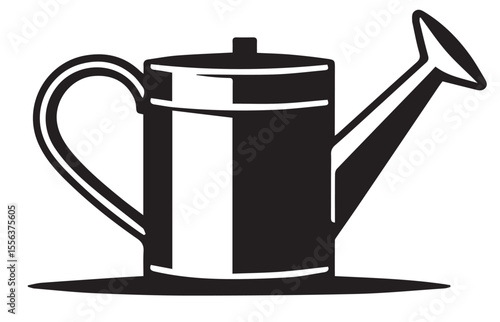 A black and white graphic of a traditional watering can, with a handle and spout, on a white background.