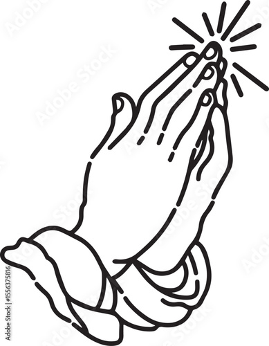 Praying Hands Line Art Vector Illustration – Faith, Prayer, and Spirituality Symbol.
Black and white minimalistic line art of two hands in a prayer gesture with light rays. Symbolic of faith, peace, s