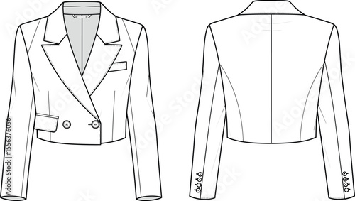 Cropped blazer vector, fashion flat sketch, double breasted jacket, CAD drawing, technical illustration, tailored design, front and back view, garment template, sewing guide