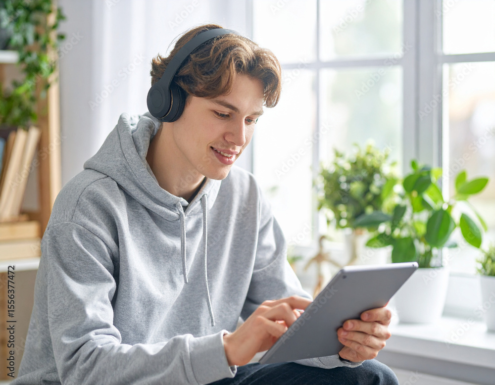A young man is sitting in a room with a tablet in his hand A young man is sitting in a room with a tablet in his hand