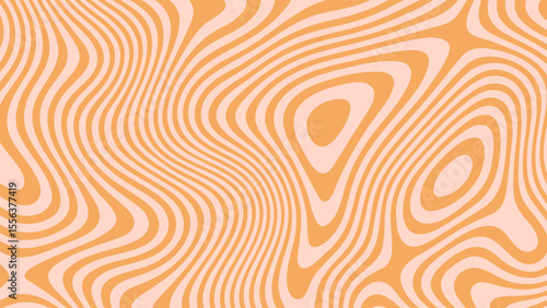 Abstract peach and orange warped lines create a groovy striped pattern. Optical illusion liquid art. Trendy banner background.