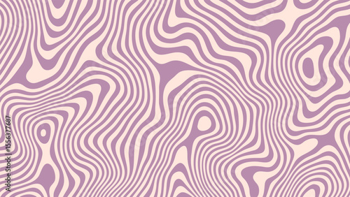 Purple and cream psychedelic groovy wave pattern. Fluid swirling lines abstract background. Hippie retro style for fabric print.