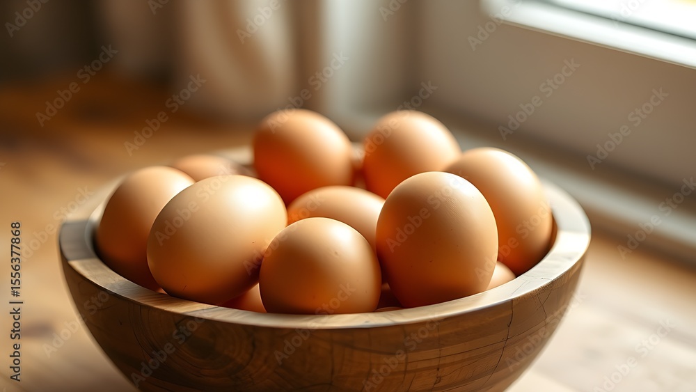 Fresh brown eggs neatly arranged in a rustic wooden bowl, bathed in soft natural window light. Fresh brown eggs neatly arranged in a rustic wooden bowl, bathed in soft natural window light.