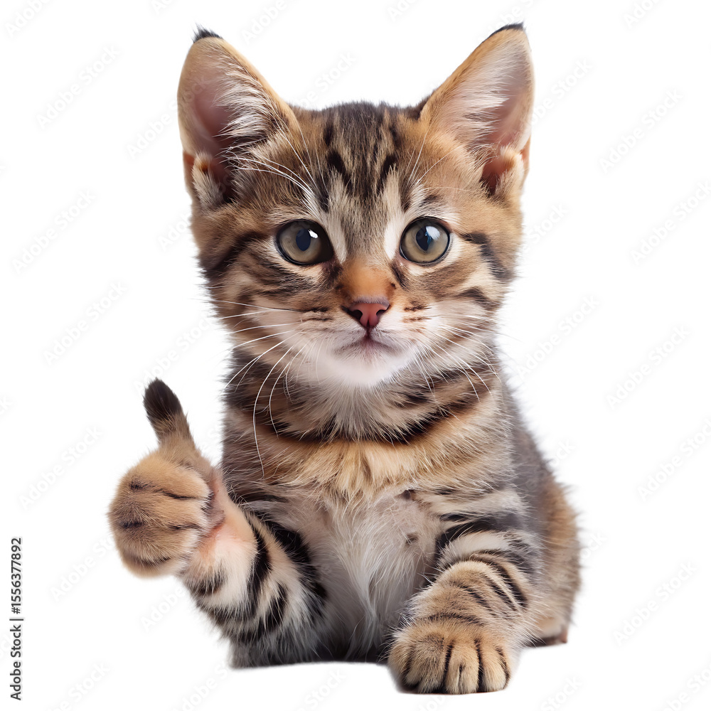 Fototapeta premium Adorable tabby kitten with brown and black stripes giving a thumbs up gesture isolated on a transparent background