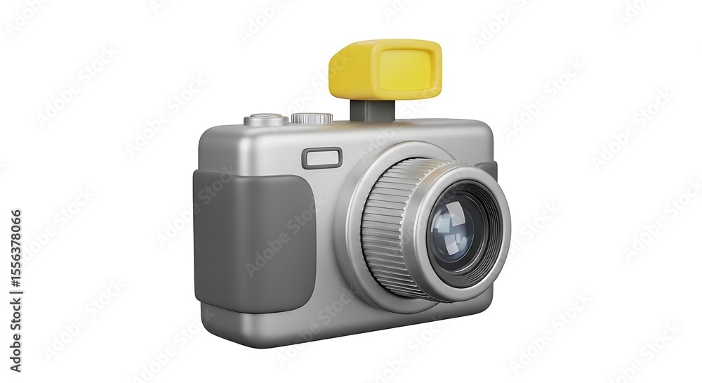 Fototapeta premium A digitally rendered illustration of a modern silver and gray camera with a yellow flash.