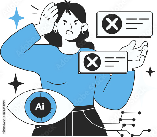 Ai error message woman confused artificial intelligence fail problem technology system malfunction software bug 100 vector art illustration and png 