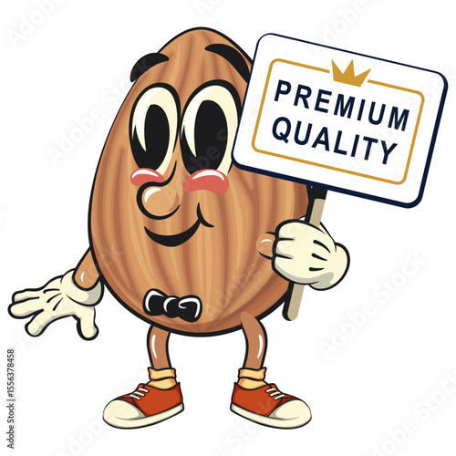 cute almond mascot cartoon vector illustration a sign that says premium quality, isolated nut character for healthy food branding, packaging, and snack advertisement, work of hand drawn