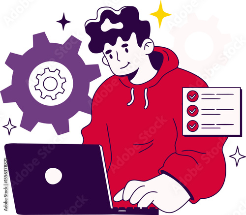 Illustration man laptop checklist gears workflow process management productivity efficiency tasks vector art illustration and png 