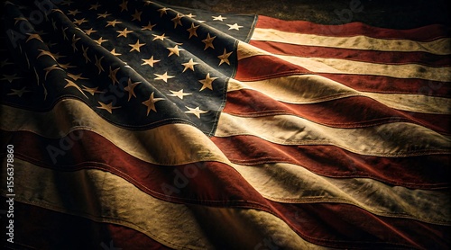 American flag with dramatic folds and textured lighting symbolizing resilience and national identity