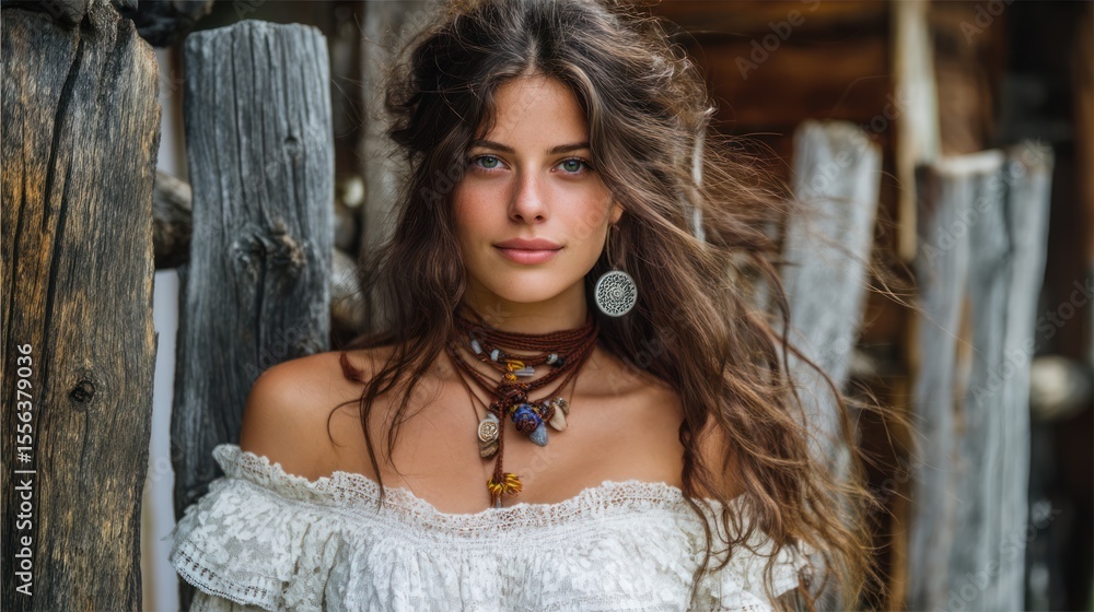 Fototapeta premium Portrait of a free-spirited woman with wind-blown hair, wearing an off-shoulder lace dress and handmade accessories, standing by a rustic wooden fence