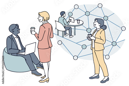 People networking during conference break, ideal for communication, teamwork, or business event ads.