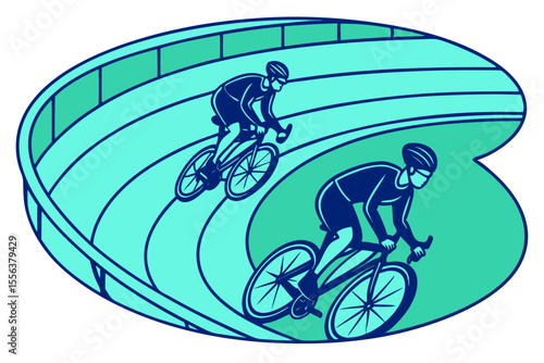 Track cyclists riding in velodrome, ideal for competition, teamwork, or athletic promotions.