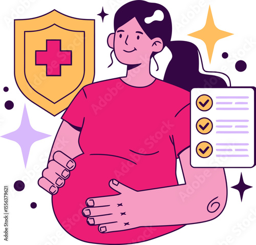 Pregnancy health care prenatal maternity checkup wellness safety insurance checklist illustration cartoon woman vector art illustration and png 