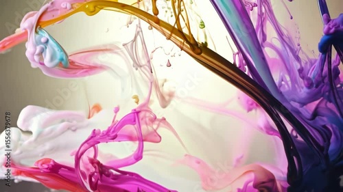 Colorful paint streams mix and swirl creating dynamic abstract fluid art patterns with vibrant purple blue yellow pink hues flowing organically across white surface
