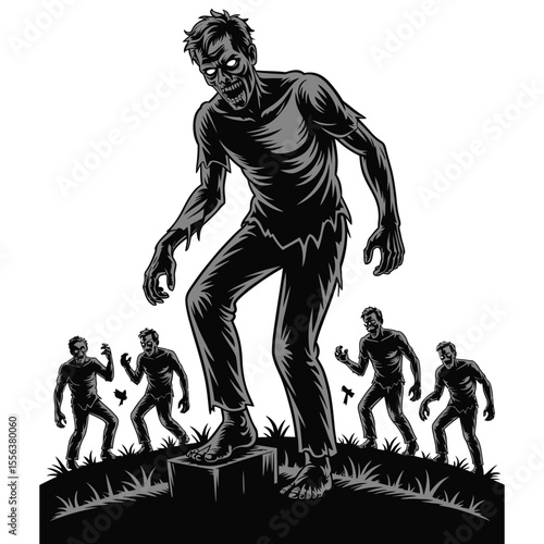 Silhouette of zombie rising from grave and joining walking horde on isolated black and white background
