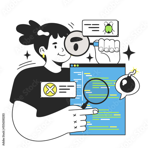 Debugging software developer programmer coding bug fixing testing code development it security error analysis vector art illustration and png 