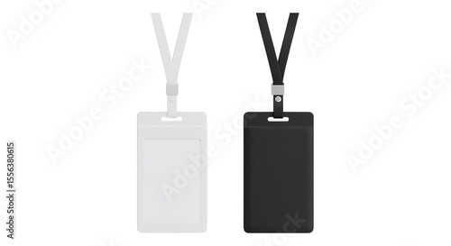 A studio shot featuring a white id badge and a black id badge with lanyards on a black background