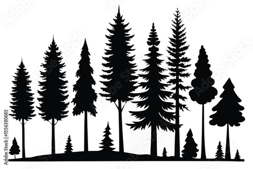 Black silhouette set of 8 pine trees