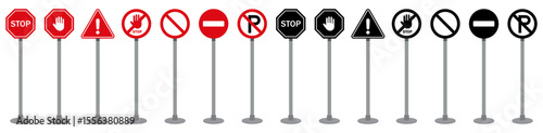 Set of traffic signs including stop, warning, no entry, and no parking icons on poles in red and black colors. Flat vector style suitable for transport, road safety, and traffic rules content.