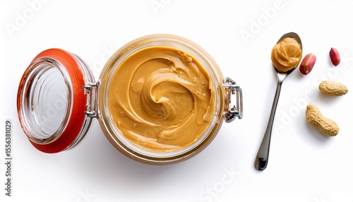 top view of peanut butter in glass jar with spoon isolated on white background american dessert concept